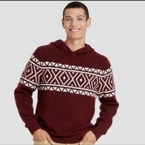Goodfellow & Co Nordic Fair Isle Pullover Hoodie Knit Sweater Burgundy Men M NWT
